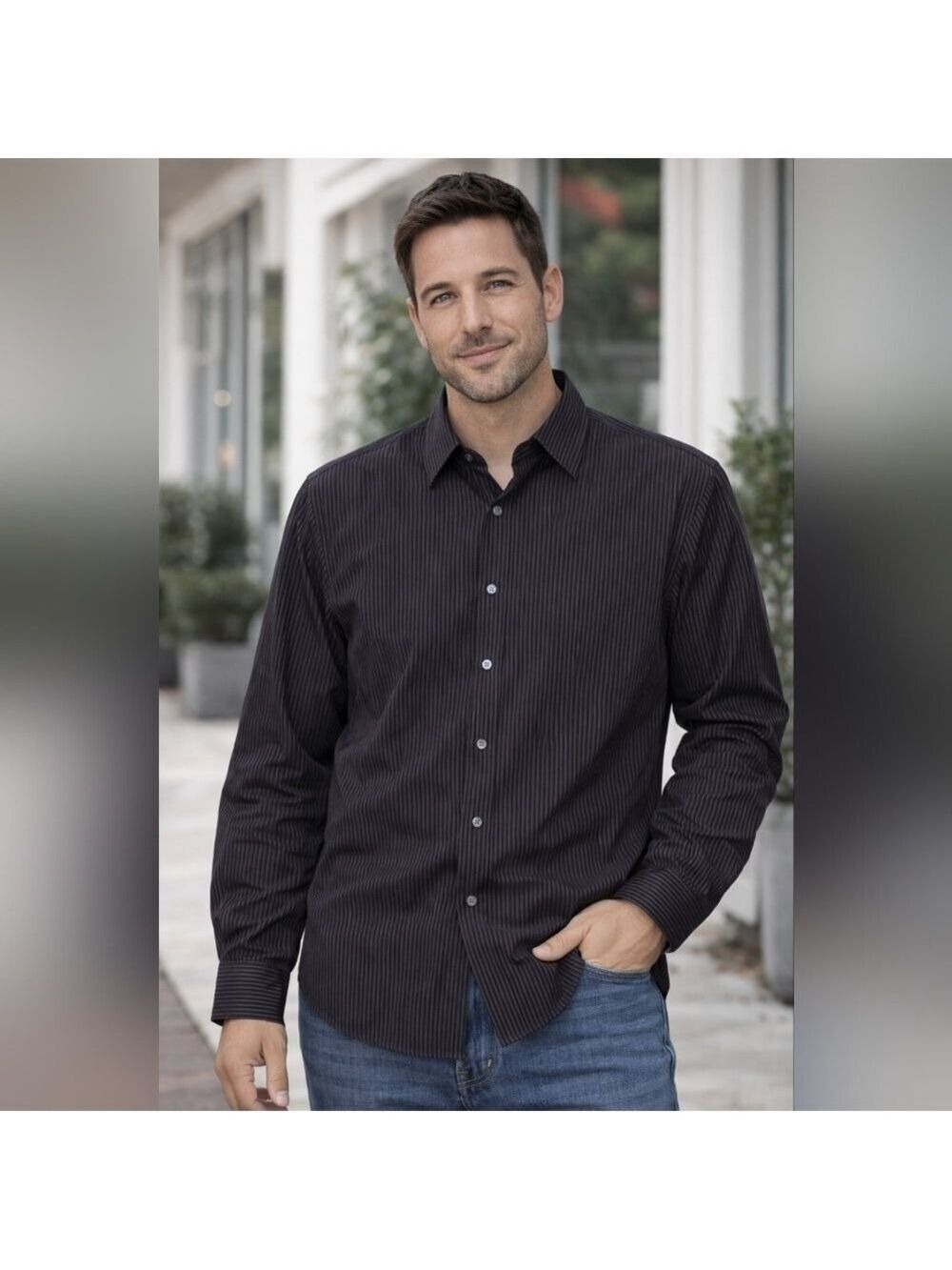 Calvin Klein Slim Fit Black Pinstripe Button Down Understated Luxury